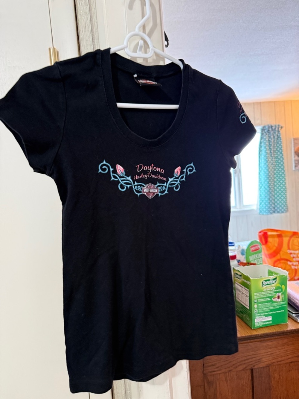 Harley-Davidson Black Tee with Turquoise and Pink Embroidery